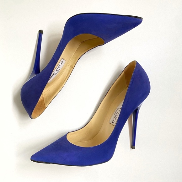 JIMMY CHOO BRIGHT BLUE SUEDE ANOUK POINTY TOE HEELS 120mm PUMPS - Picture 5 of 11